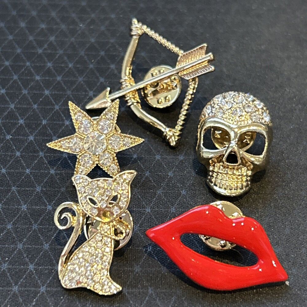 Diane Gilman Pin Brooch Set HSN QVC Costume Jewelry Skull Lips Star Cat Arrow